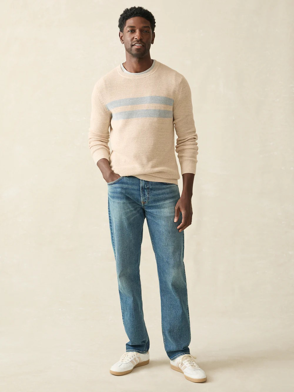 Faherty Sunwashed Crewneck Sweater - Dune Natural Surf Stripe